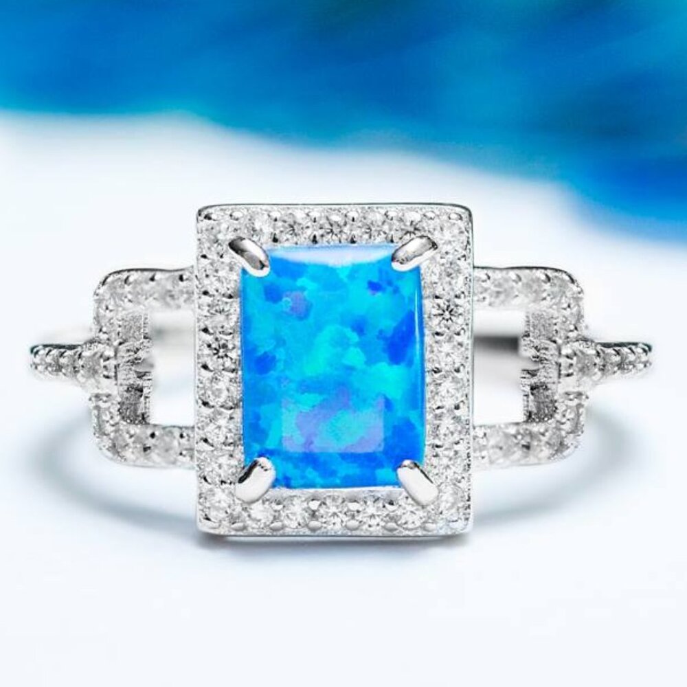 Blue Opal  Square ring, size 7, 925 Sterling Silver Charmed Aroma, rare style